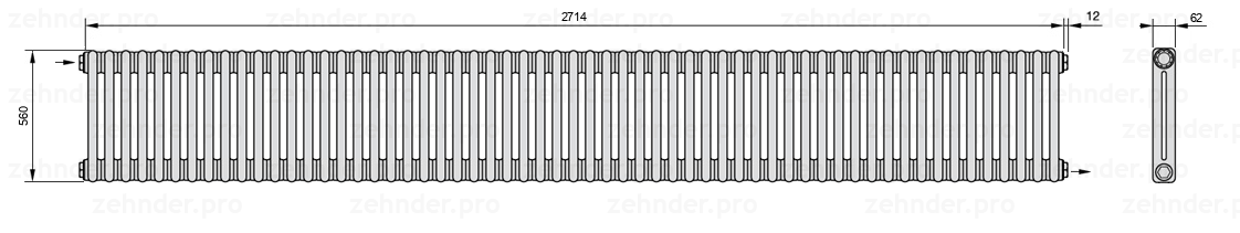 Схема (чертеж) Радиатор Zehnder Charleston 2056/59 №1670 Белый глянцевый RAL 9016